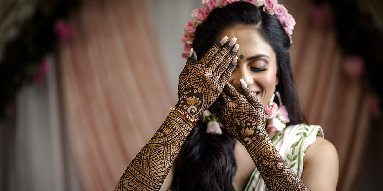 bridal henna on hands with fresh mehndi